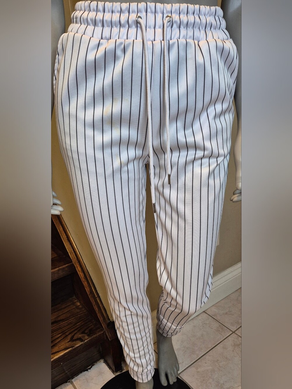 Revamped White Pinstripe Drawstring Pants